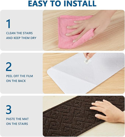 Stair Treads for Wooden Steps Indoor, 15 Pack 8" X 30" Non Slip Carpet Stair Treads with Reusable Adhesive for Kids Elders and Dogs, Surface Polyester TPR Backing Stair Rugs