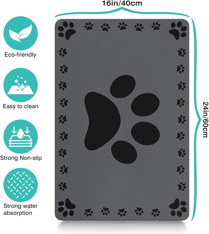 Dog Food Mats for Floor, Absorbent Pet Food Mat - Cat Feeding Mat Quick Dry Dog Bowl Mats for Water Pet Supplies Feeding Placemat 16" x 24" Grey