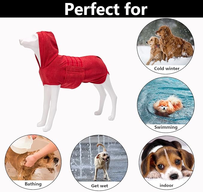 Geyecete Dog Drying Coats with Hood - Dog Towels Absorbent Robe - Fast Drying Super Absorbent - Red - XL