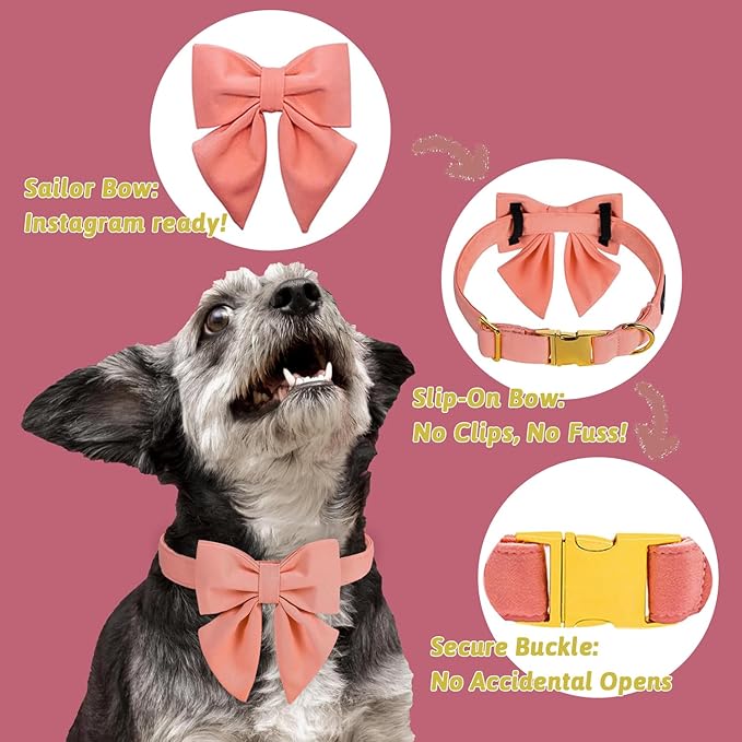 Maca Bates Candy Pink Dog Collar with Cute Solid Sailor Bow Tie for Extra Large Girl Boy Dogs,Girly Adjustbale Durable Breakaway Soft Collars with Bowtie for Female Male Puppy,Pet with Metal Buckle