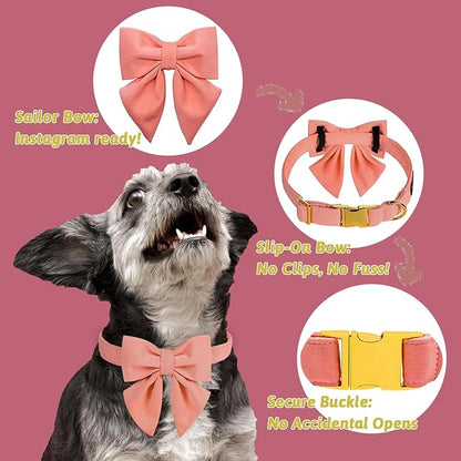 Maca Bates Candy Pink Dog Collar with Cute Solid Sailor Bow Tie for Extra Large Girl Boy Dogs,Girly Adjustbale Durable Breakaway Soft Collars with Bowtie for Female Male Puppy,Pet with Metal Buckle