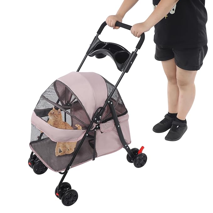 Pet Stroller for Small Medium Dogs Cats, Lightweight Foldable Pet Wagon with 360° Front Wheels & Brake, 40 lbs Capacity Carrier for Park Travel Shopping, Breathable Mesh Basket (Pale Pinkish Grey)