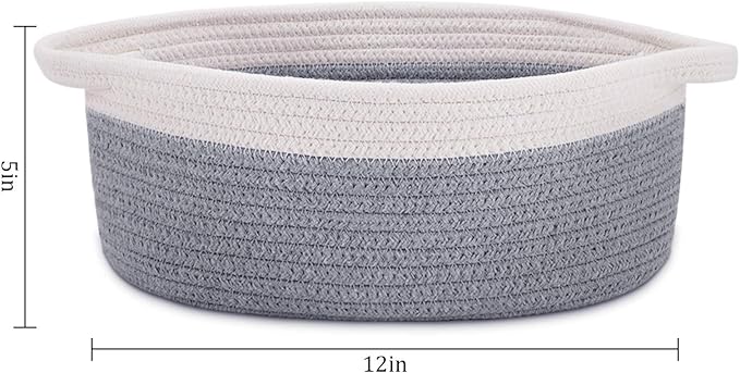 ABenkle Small Basket with Handles, Boho Decorative Rope Woven Dog Cat Toy Storage Bin Shelf Storage Organizer, Easter Christmas Gift Basket, 12"x8"x5", Grey