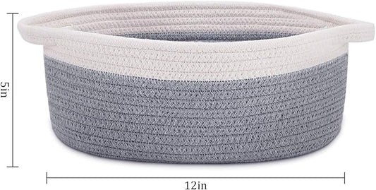 ABenkle Small Basket with Handles, Boho Decorative Rope Woven Dog Cat Toy Storage Bin Shelf Storage Organizer, Easter Christmas Gift Basket, 12"x8"x5", Grey
