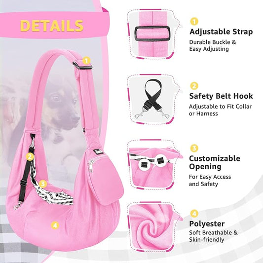 SlowTon Dog Carrier Sling - Thick Padded Shoulder Strap Adjustable Dog Carriers for Small Dogs, Puppy Carrier Purse for Pet Cat with Front Zipper Pocket Safety Belt Machine Washable (Baby Pink, M)