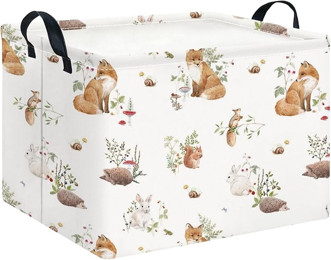 CLOCOR Rectangular Storage Basket,Collapsible Cute Pattern Storage Bin,Waterproof Books Box with Handles,Gift Basket(Fox)