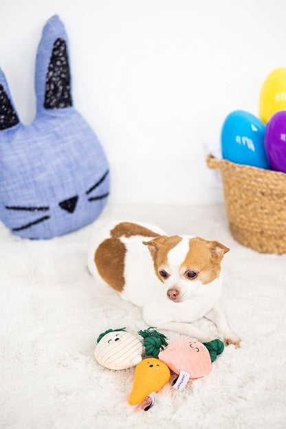 Pearhead Spring Garden Veggies Dog Toys, Easter Plush Squeaky Rope Dog Toys, Radish Carrot & Turnip Vegetable Dog Toy Set, Pet Easter Basket Gift, Set of 3