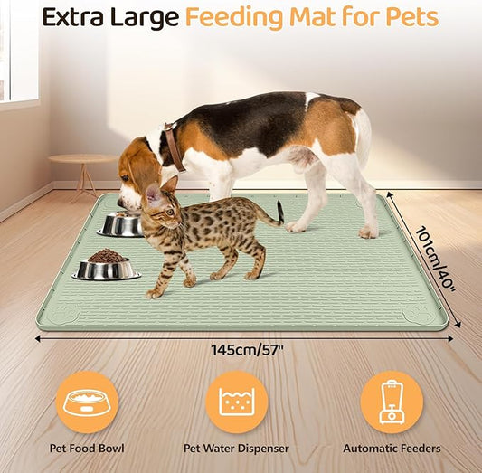 Dog Food Mat, Extra Large 57" x 40" Silicone Pet Feeding Mat with Raised Edge Pet Placemat for Small, Medium, and Large Pets Non-Slip, Easy to Clean (Green)