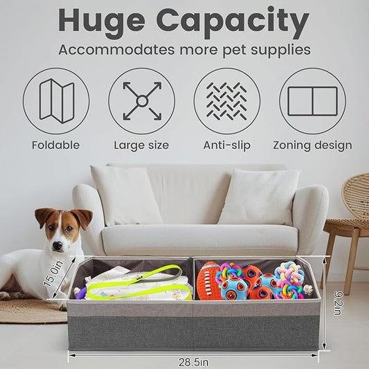 Large Dog Toy Basket With Handle, Foldable Dog Toy Box for Living Room Area, 28.5" Basket for Dog‘s Toys, Clothes, Organizers and Storage with Hard Board, Anti-slip for Pet Toys (Gray, Large)