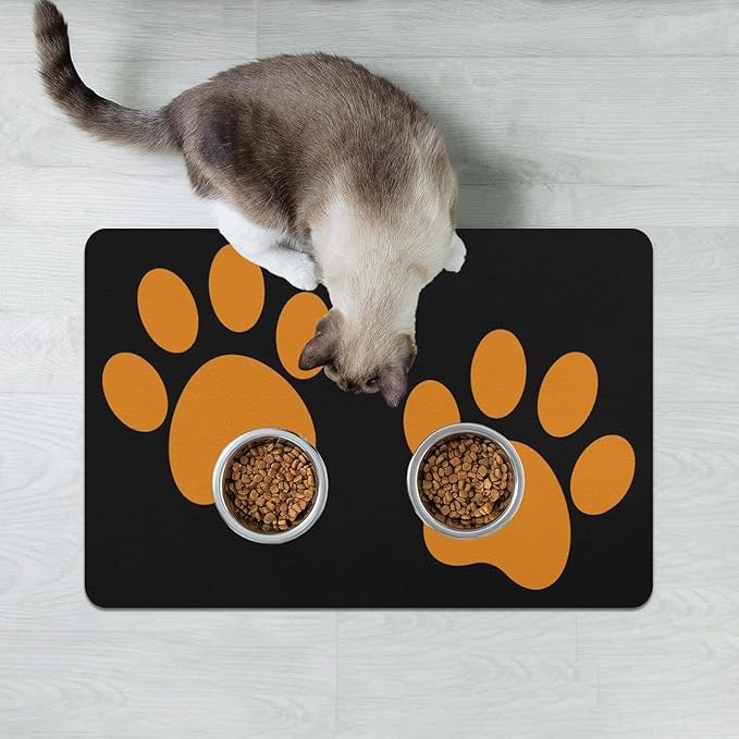 Dog Food Mats for Floors Absorbent, Cat Food Mat - Pet Cat Feeding Mat Quick Dry, Dog Bowl Mats for Water, Pet Supplies Feeding Placemat 12" x 20" Footprints Orange