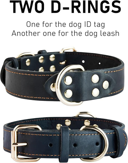 Genuine Leather Dog Collar, Heavy Duty Wide Dog Collar for Small, Medium, Large and Extra Large Dog (L: 1.2" Wide for 16.2"-22" Neck, Single Stitch - Black)