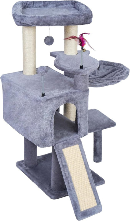 AIWIKIDE 35.4'' Multifunction Cat Tree with Cozy Hammock & Hanging Ball, Cat Tower with Activity Cat Condo & Jute-Covered Scratching Posts, Grey