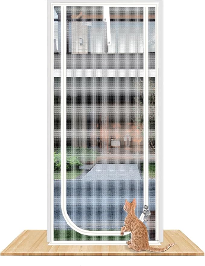 Reinforced Cat Screen Door,Fits Door Opening Size 34''x 81'',Thickened Cat Resistant Mesh Screen Door for Living Room,Kitchen,Bedroom,Cat Proof Screen with Zipper Closure. (U-Type,White)