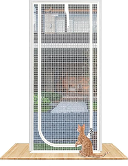 Reinforced Cat Screen Door,Fits Door Opening Size 32''x 80'',Thickened Cat Resistant Mesh Screen Door for Living Room,Kitchen,Bedroom,Cat Proof Screen with Zipper Closure. (U-Type,White)