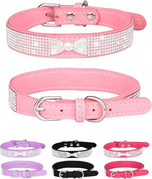 Bling Dog Collar for Small Medium Large Dogs, Crown Rhinestone Dog Collars for Girl and boy Dog, Diamond Puppy Collars, Adjustable Leather Suede SOFE Cat Collar (S(10.6"-13"/27CM-33CM), Pink2)