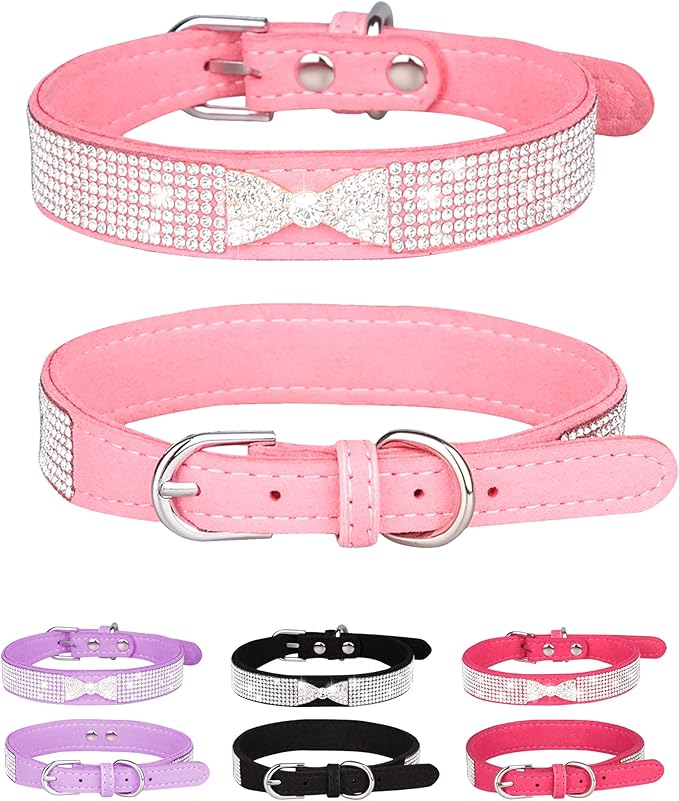 Bling Dog Collar for Small Medium Large Dogs, Crown Rhinestone Dog Collars for Girl and boy Dog, Diamond Puppy Collars, Adjustable Leather Suede SOFE Cat Collar (L(15"-18.1"/38CM-46CM), Pink2)