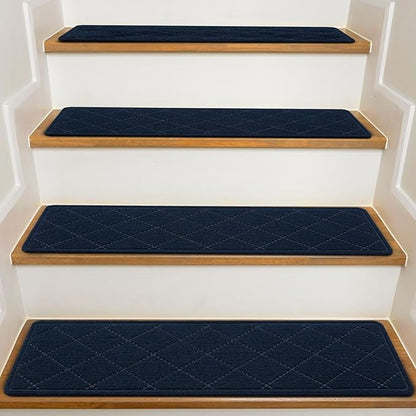 Stair Treads for Wooden Steps Indoor, 7 Pack 8" X 30" Non Slip Carpet Stair Treads with Reusable Adhesive for Kids Elders and Dogs, Surface Polyester TPR Backing Stair Rugs,Navy