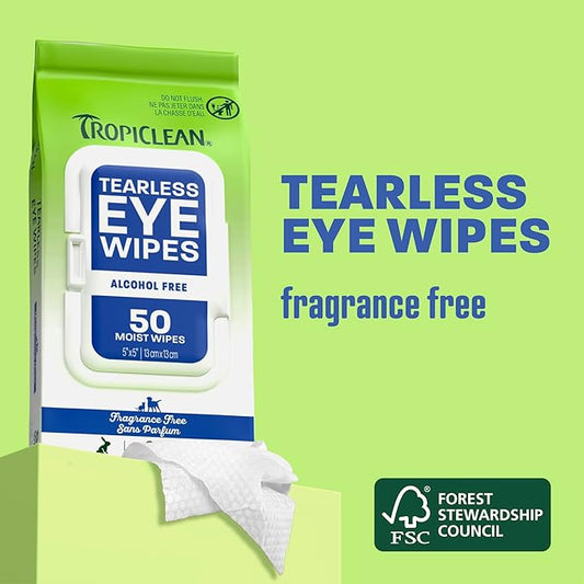 TropiClean Tearless Dog Eye Wipes, Dermatologist Approved Tear Stain Remover for Dogs & Cats, Gentle & Safe for Daily Use, Made in USA, 50ct.