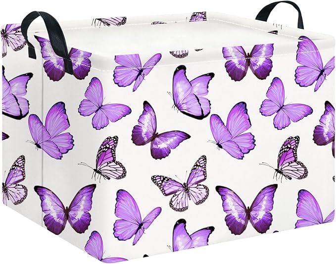 CLOCOR Rectangular Storage Basket,Collapsible Cute Pattern Storage Bin,Waterproof Books Box with Handles,Gift Basket(Deeppurple Butterfly)