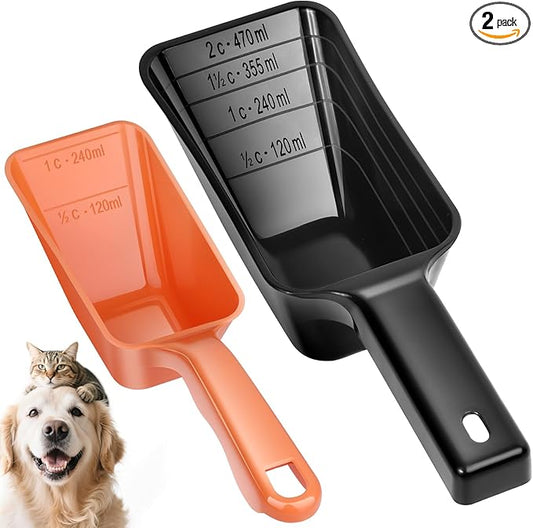 2 Pack Dog Food Scoop with 1 Cup and 2 Cup Capacity, Plastic Pet Food Measuring Scoops with Clear Measurement Lines for Dogs, Cats & More,Dishwasher safe (Orange and Black)
