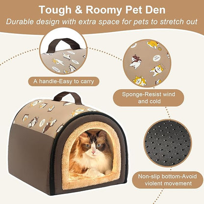 Jiupety Indoor Dog House, 2 in 1 Portable Foldable House Bed with Cover, Pet Tent & Cave Bed for Cats and Small Dogs, M(17"×14"×13"), Up to 9 Lb, Brown