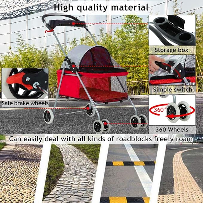 Cat Dog Stroller for Small & Medium Dogs Up to 35Lbs Kitten Doggie Cage Waterproof Foldable Travel Carrier Puppy Strolling Cart Durable 4 Wheels Large Pet Stroller Jogger with Cup Holders, Red