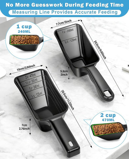 2-Pack Dog Food Scoop Set,1 Cup and 2 Cup Plastic Pet Food Measuring Scoops with Clear Measurement Lines,Multi-Purpose Pet Food Scooper for Dogs, Cats (Black)