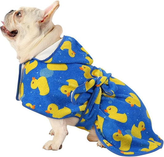 HDE Dog Bathrobe Super Absorbent Quick Drying Puppy Towel Wrap Coat Adjustable After Bath Robes with Hood for Dog Sizes S-XXL Blue Rubber Ducks S