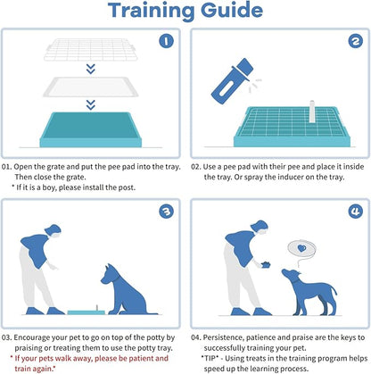 CUHIOY Dog Potty Tray Toilet 20"x14" - Indoor Pee Pad Holder with 8pcs Training Pads, Puppy Mesh Potty with Secure Latch for Small Medium Puppies - Blue