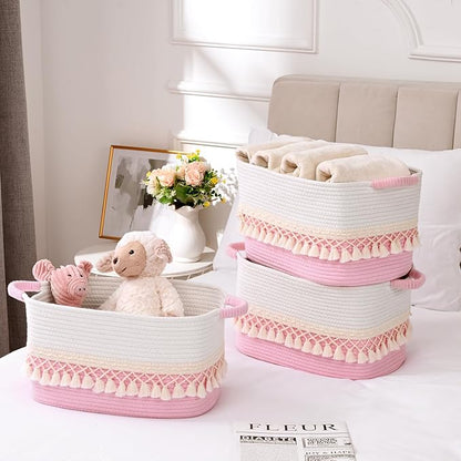 6 Pack Storage Basket for Shelves, Boho Cotton Rope Storage Bins with Heavy Tassel, Shelf Baskets Large Woven Baskets for Organizing, Cube Organizer Bins, Baby Laundry Basket for Clothes, Toys, Pets