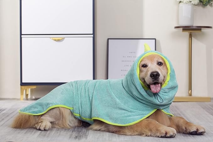 Pawyee Super Soft Fast-Drying Dog Towel Set for Cold Weather, Beach, Pool - Adjustable Microfiber Bath Robe with Drying Gloves for Cats and Dogs (L, Blue Dino)