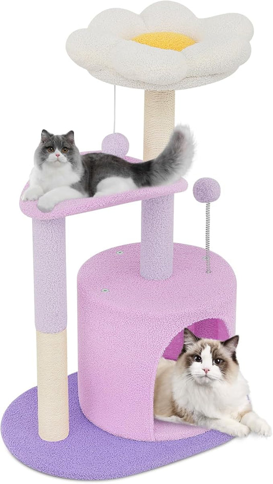 Magshion Flower Cat Tree for Indoor Cats, 33" Cute Cat Tower with Scratching Post, Condo, Top Flower Perch and Dangling Balls, Compact Cat Stand for Kittens, Purple