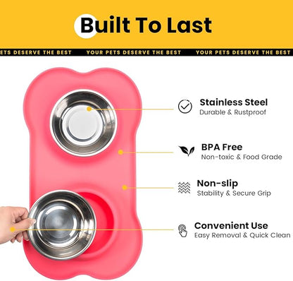 Stainless Steel Dog Bowls with Non-Slip Silicone Mat, Spill Proof Food & Water Bowls Set, Easy Clean Puppy Food Dish, Dishwasher Safe, Suitable for Dogs Cats Pet Under 20lbs, Small, Pink