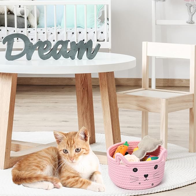 Zopeal Cat Basket Storage Woven Organizer with Ears Easter Decorative Pet Toy Cute Cotton Rope Basket for Gift Cat Dog Toy Bin Nursery Room(8.3 x 4.7 Inch,Pink)