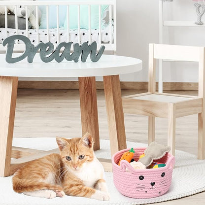 Zopeal Cat Basket Storage Woven Organizer with Ears Easter Decorative Pet Toy Cute Cotton Rope Basket for Gift Cat Dog Toy Bin Nursery Room(8.3 x 4.7 Inch,Pink)