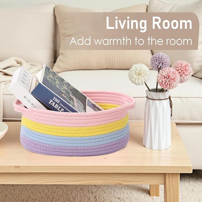 Woven Basket,Small Rope Storage Bin with Handles & Ribbon Bag, Organizer for Shelves Closets,Gift Basket Empty for Birthday,Books,Dog Toys, Rainbow/3 Pack