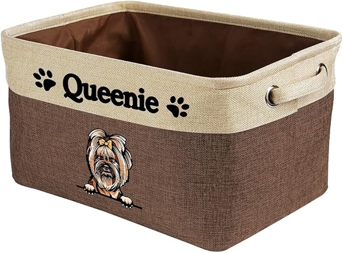 Personalized Foldable Storage Basket with Lovely Dog Yorkie Collapsible Sturdy Fabric Pet Toys Storage Bin Cube with Handles for Organizing Shelf Home Closet, Brown and White