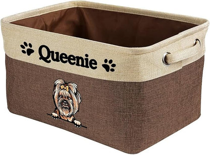 Personalized Foldable Storage Basket with Lovely Dog Yorkie Collapsible Sturdy Fabric Pet Toys Storage Bin Cube with Handles for Organizing Shelf Home Closet, Brown and White