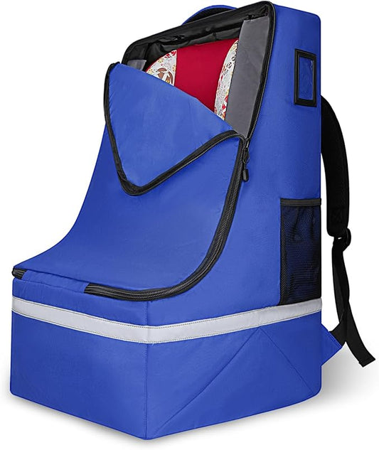 LARIPOP Car Seat Travel Bag for Airplane Gate Check Approved, Padded Backpack with Adjustable Straps, Reflective Strips & Protective Feet for Infant Convertible Booster Seats, Blue