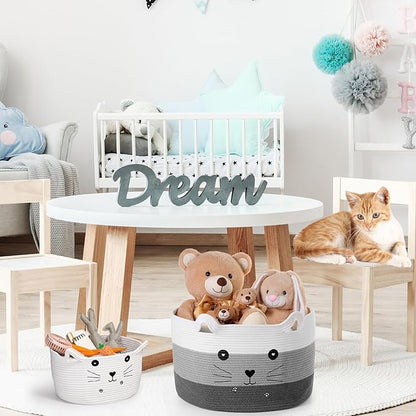 Zopeal Cat Basket Storage Woven Organizer with Ears Easter Decorative Pet Toy Cute Cotton Rope Basket for Gift Cat Dog Toy Bin Nursery Room(21.7 x 13.8 Inch,White, Light Gray and Gray)