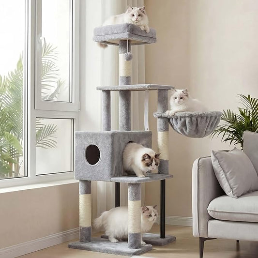 Heybly Cat Tree, 49.2 Inches Cat Tower for Indoor Cats, Spacious Cat House Condo with Hidden Space，Sturdy Steel Tube，Soft Plush Top Perch，Cozy Hammock and Sisal Scratching Posts, Light Gray HCT200SW