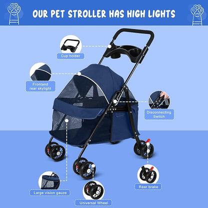 4 Wheels Pet Stroller for Medium Small Dog up to 50lbs, Dog Cat Stroller, Outdoor Travel Pet Folding Strollers, Cat Cage Strollers with Cup Holder, Breathable and Visible Mesh (1 Set-Blue)