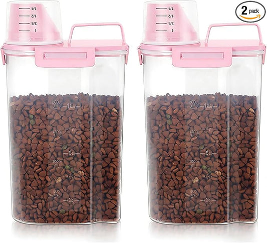 3-5Lbs Airtight Small Cat Dog Pet Food Storage Containers BPA Free, with Large Pour Spout/1 Measuring Cup/ 4 Safety Locks and Double-layer Silicone Strip (Pink 2Pack)