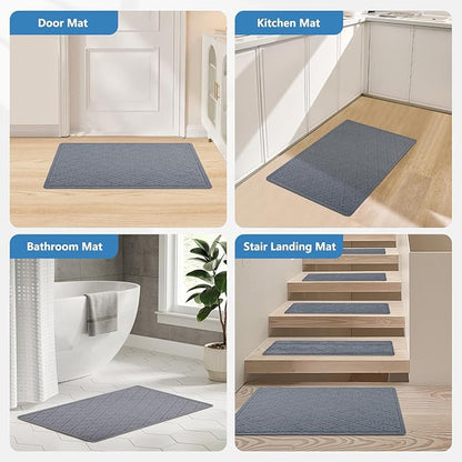 Stair Treads Non Slip Landing Rug for Wooden Steps Indoor, Peel and Stick Stair Treads Matching-Mat 20"X32" Landing Slip Resistant Stair Rugs for Kids and Dogs, Polyester Stair Landing Mat, Grey Blue