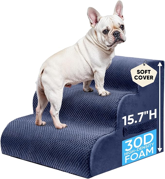PAWSCART Pet Stairs for Dogs 3-Step, 15.7" H Pet Stairs for High Bed, Couch Sofa & Chair, 30D Material Soft Foam Dog Steps with Non-Slip Bottom Surface Removable Washable Cover, Blue