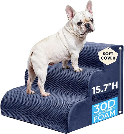 PAWSCART Pet Stairs for Dogs 3-Step, 15.7" H Pet Stairs for High Bed, Couch Sofa & Chair, 30D Material Soft Foam Dog Steps with Non-Slip Bottom Surface Removable Washable Cover, Blue