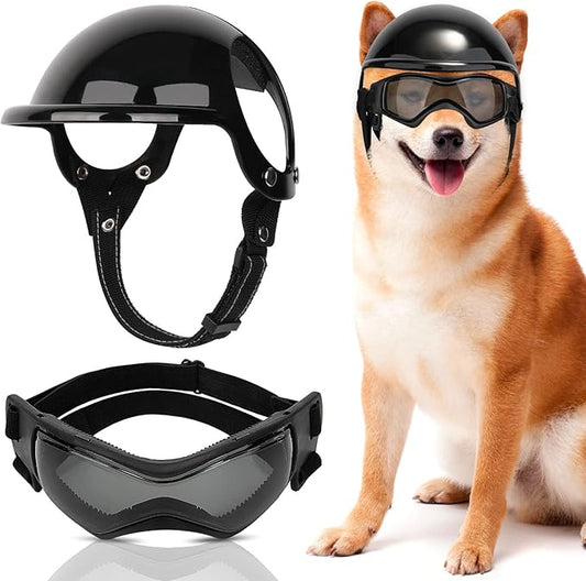 SlowTon Dog Helmet and Goggles - UV Protection Doggy Sunglasses Dog Glasses Pet Motorcycle Helmet Hat with Ear Holes Adjustable Belt Safety Hat for Small Medium Large Dogs Puppy Riding (Black, M)