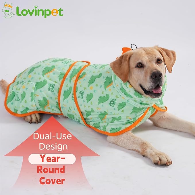 LovinPet 3‑in‑1 Dog Warm Winter Coat & Bathrobe, Hooded Dinosaur Fleece, Lightweight High‑Loft, Absorbent Knit, Quiet Hook‑and‑Loop, Wind‑Blocking Edges, Dog Robes for Medium & Large Dogs, Green,2XL