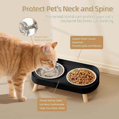 Elevated Cat Bowl, Raised Cat Food and Water Bowl Set for Indoor Cats, Splash Proof with 4 Stainless Steel Pet Food Bowls for Cats and Puppies, Whisker Fatigue and Dishwasher Safe - Black