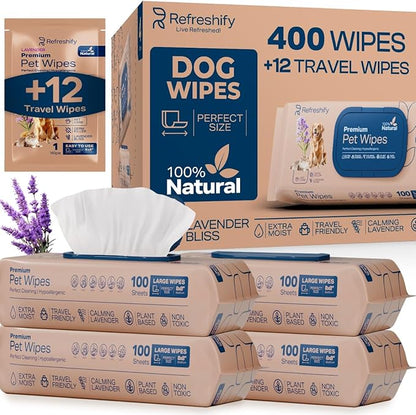 Dog Wipes for Paws and Butt - Plant Based Lavender Scented (Pack of 400) - Pet Wipes for Dogs and Cats - Deodorizing Non Toxic Dog Wipes, +12 Additional Travel Wipes